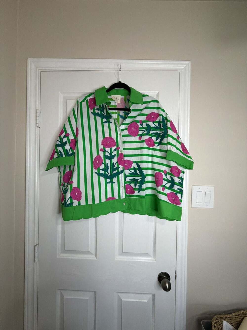 Green and White Striped Floral Embroidered Button-Up Top